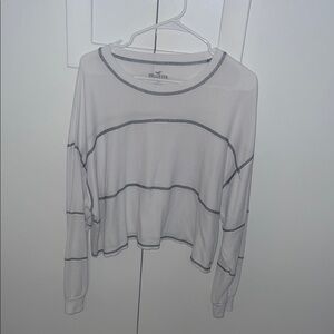 Hollister Women's White and Gray Striped Long Sleeve Tee